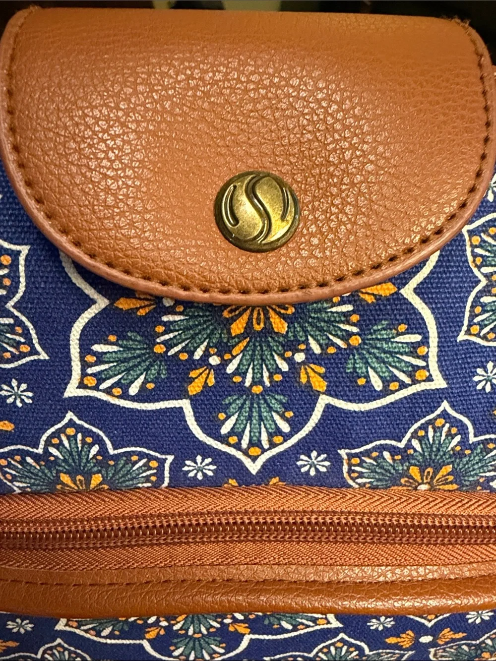 Blue Patterned Insulated Lunch Bag / Tote with Tan Trim